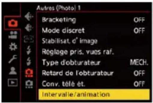 Autres (Photo) 1 Bracketing OFF Mode discret OFF Stabilisat, d° image Réglage pris. vues raf. Type d'obturateur MECH. Retard de l'obturateur OFF Conv. télé ét. OFF Intervalle/animation