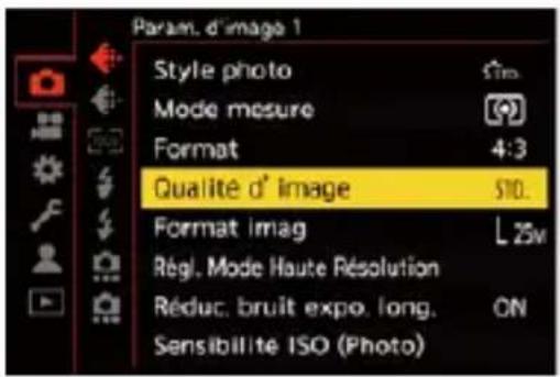 Param. d'image 1 Style photo Mode mesure Format 4:3 Qualité d' image S10. Format imag L 25V Régl. Mode Haute Résolution Réduc. bruit expo. long. ON Sensibilité ISO (Photo)