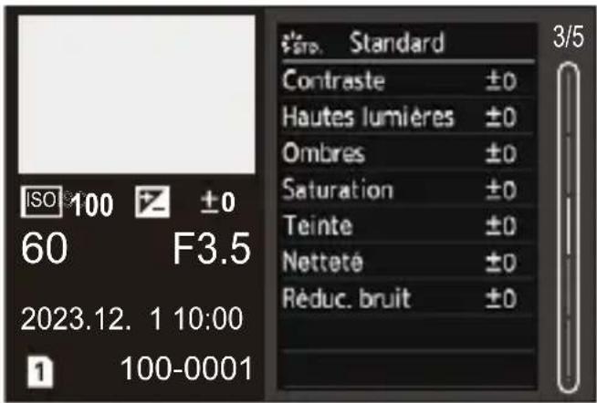 ISO 100 ±0 60 F3.5 2023.12. 1 10:00 1 100-0001 *re. Standard Contraste ±0 Hautes lumières ±0 Ombres ±0 Saturation ±0 Teinte ±0 Netteté ±0 Réduc. bruit ±0 3/5