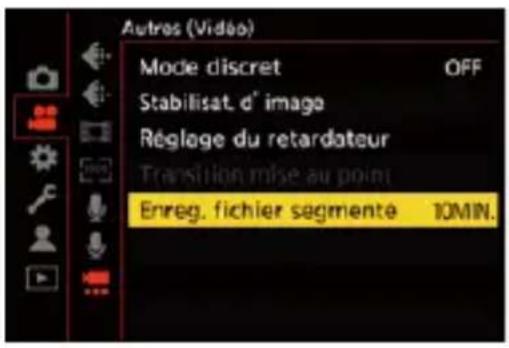 Autres (Vidéo) Mode discret OFF Stabilisat. d' image Réglage du retardateur Transition mise au point Enreg. fichier segmente TOMIN.