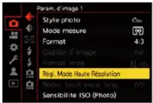 Param. d'image 1 Style photo Mode mesure Format Qualité d' image Format imag Règl. Mode Haute Résolution Règl. built expo. long. Sensibilite ISO (Photo)