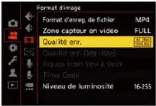 Format d'image Format d'enreg. de fichier MP4 Zone capteur en vidéo FULL Qualité enr. Quartite enr. (Mail liste) Rogage Video Slow & Quick Time Code Niveau de luminosité 16-255