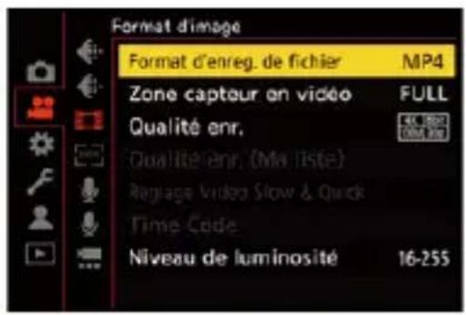 Format d'image Format d'enreg. de fichier MP4 Zone capteur on vidéo FULL Qualité enr. Qualité enr. (Ma liste) Ragage Video Slow & Quick Time Code Niveau de luminosité 16-255