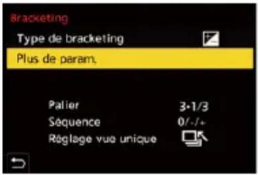 Bracketing Type de bracketing Plus de param. Palier 3·1/3 Séquence 0/-./+ Räglage vue unique