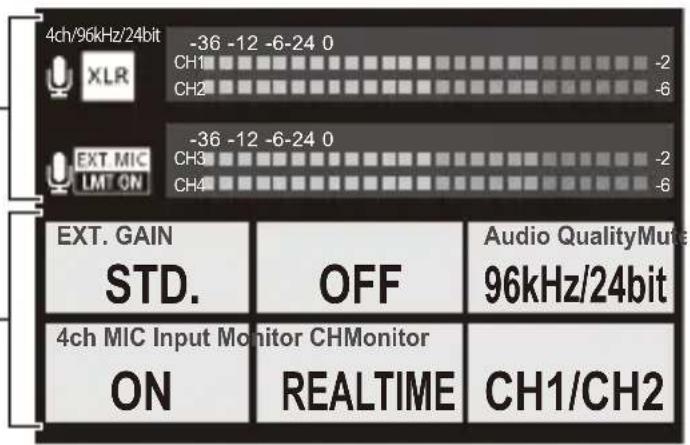 4ch/96kHz/24bit -36 -12 -6-24 0 CH1 -2 CH2 -6 EXT MIC LM ON -36 -12 -6-24 0 CH3 -2 CH4 -6 EXT. GAIN STD. OFF Audio QualityMute 96kHz/24bit 4ch MIC Input Monitor CHMonitor ON REALTIME CH1/CH2
