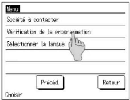 Menu Société à contacter Vérification de la programmation Sélectionner la langue Précéd. Retour Choisir