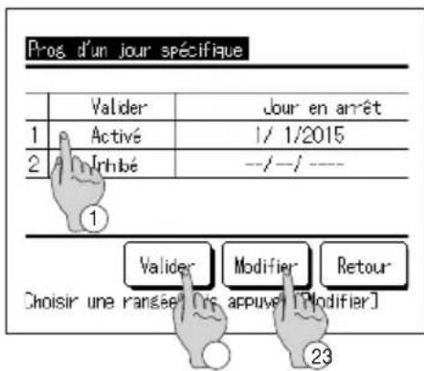 Pros d'un jour spécifique Valider Jour en arrêt 1 Activé 1/ 1/2015 2 Inhibé --/--/ ---- Valider Modifier Retour Choisir une rangée [ns appuve] [Modifier] 23