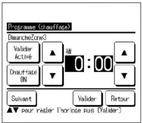 Programme (chauffage) DimancheZone Valider Activé AN 0 : 00 Chauffage ON Suivant Valider Retour Pour résler l'horlose pus [Valider]