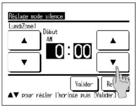 Rélace mode silence LundiZone1 Dékut AM 0 : 00 Valider Ret ▲ pour résler l'horlose puis [Valider]