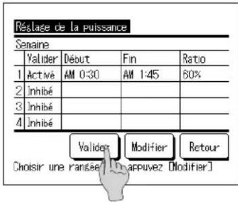 Réalage de la puissance Senaine Valider Début Fin Ratio 1 Activé AM 0:30 AM 1:45 60% 2 Inhibé 3 Inhibé 4 Inhibé Valider Modifier Retour Choisir une rangée [appuvez [Modifier]]