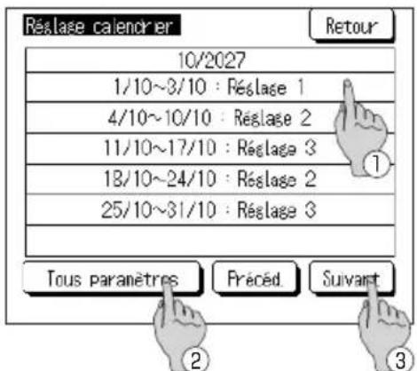 Réalase calendrer 10/2027 1/10~3/10 : Réslage 1 4/10~10/10 : Réslage 2 11/10~17/10 : Réslage 3 18/10~24/10 : Réslage 2 25/10~31/10 : Réslage 3 Tous paranêtres Précéd. Suivant