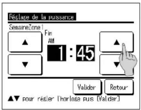 Réclase de la puissance SemaireZone1 Fin AM 1 : 45 Valider Retour ▲ pour résier l'horlose puis [Valder]