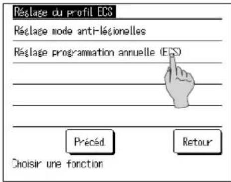 Réclage du profil ECS Réclage mode anti-légionelles Réclage programmation annuelle (ECS) Précéd. Retour Choisir une fonction