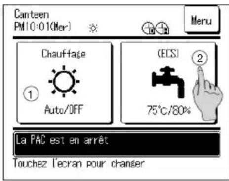 Canteen PM10:01(Mer) Menu Chauffage ① Auto/OFF (ECS) ② 75°C/80% La PAC est en arrêt Touchez l'ecran pour chaner