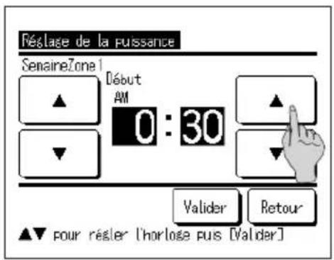 Réslage de la puissance SenaineZone 1 Début AM 0 : 30 Valider Retour pour résler l'horlose puis [Valider]