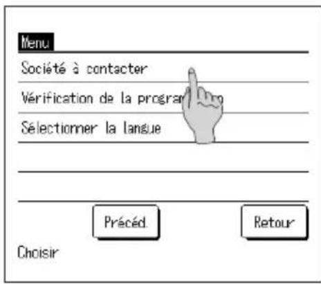 Menu Société à contacter Vérification de la prograr Sélectionner la langue Précéd Retour Choisir