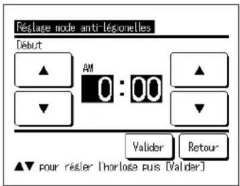Réslage node anti-légionelles Début ▲ AM 0 : 00 ▲ Valider Retour ▲▼ pour régler l'horlose pus [Valider]