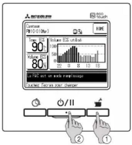Cantson PM10(010km) Volume ECS utilisé Volume ECS 80% La PAC est on mode remplissage Touchez Técran pour changer