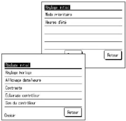 Réclage initial Mode prioritaire Heures d'été Réclage initial Réclage horlose Affichage date/heure Contraste Éclairaise contrôleur Son du contrôleur Ovoir Retour