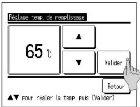 Réclage temp. de remplissage 65 °C ▲ ▼ Valider Retour ▲▼ pour résier la temp. puis [Valider]