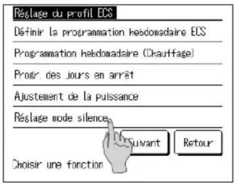 Réslage du profil ECS Définir la programmation hebdomadaire ECS Programmation hebdomadaire (Chauffage) Progr. des jours en arrêt Ajustement de la puissance Réslage mode silence CHOISIR une fonction Rouvant Retour