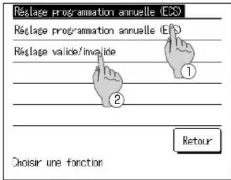 Réclage programmation annuelle (ECS) Réclage programmation annuelle (ECS) Réclage valide/invai de ① ② Choisir une fonction Retour