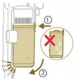 Diagram illustrating a chemical process with labeled steps and a warning symbol