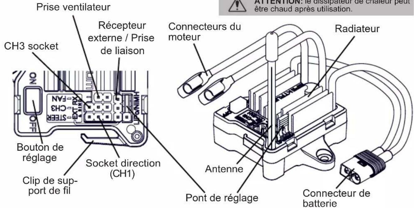 Prise ventilateur Récepteur externe / Prise de liaison CH3 socket Bouton de réglage Clip de support de fil Socket direction (CH1) Connecteurs du moteur Radiateur Pont de réglage Antenne Connecteur de batterie ATTENTION: le dissipateur de chaleur peut être chaud après utilisation.