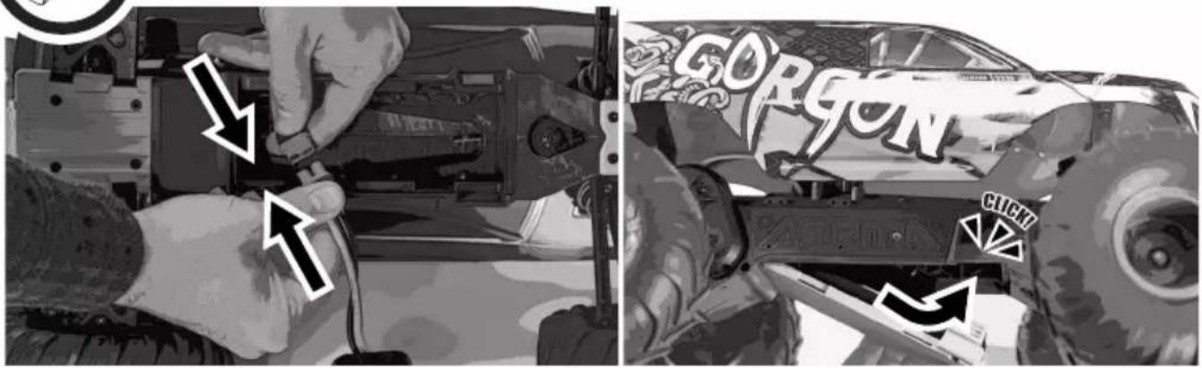 Black-and-white photo showing hands installing or adjusting a mechanical component, with visible text overlays including 'GORDON' and 'CLICK?'