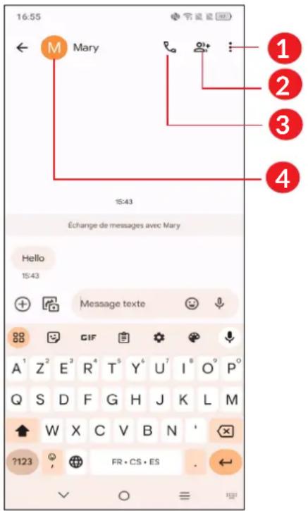 16:55 ← M Mary 15:43 Échange de messages avec Mary Hello 15:43 Message texte A¹ Z² E³ R⁴ T⁵ Y⁶ U⁷ I⁸ O⁹ P° Q S D F G H J K L M W X C V B N ?123 FR • CS • ES 1 2 3 4