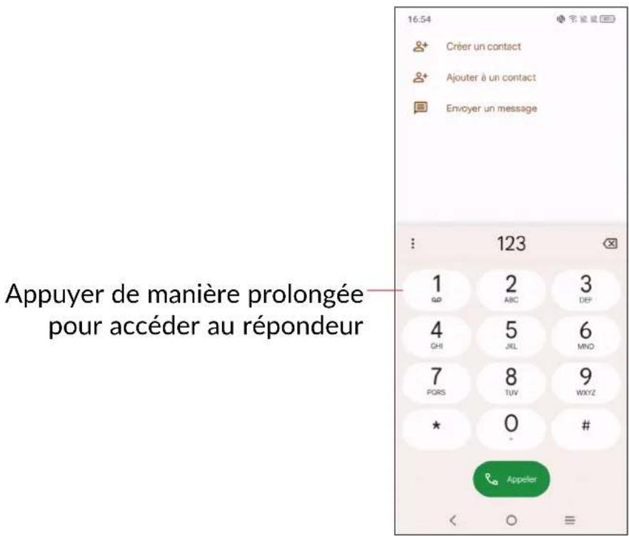 16:54 Créer un contact Ajouter à un contact Envoyer un message Appuyer de manière prolongée pour accéder au répondeur 123 1 2 3 GP ABC DEF 4 5 6 QHI JEL MNO 7 8 9 PORS TUV WXYZ * 0 # Appelier