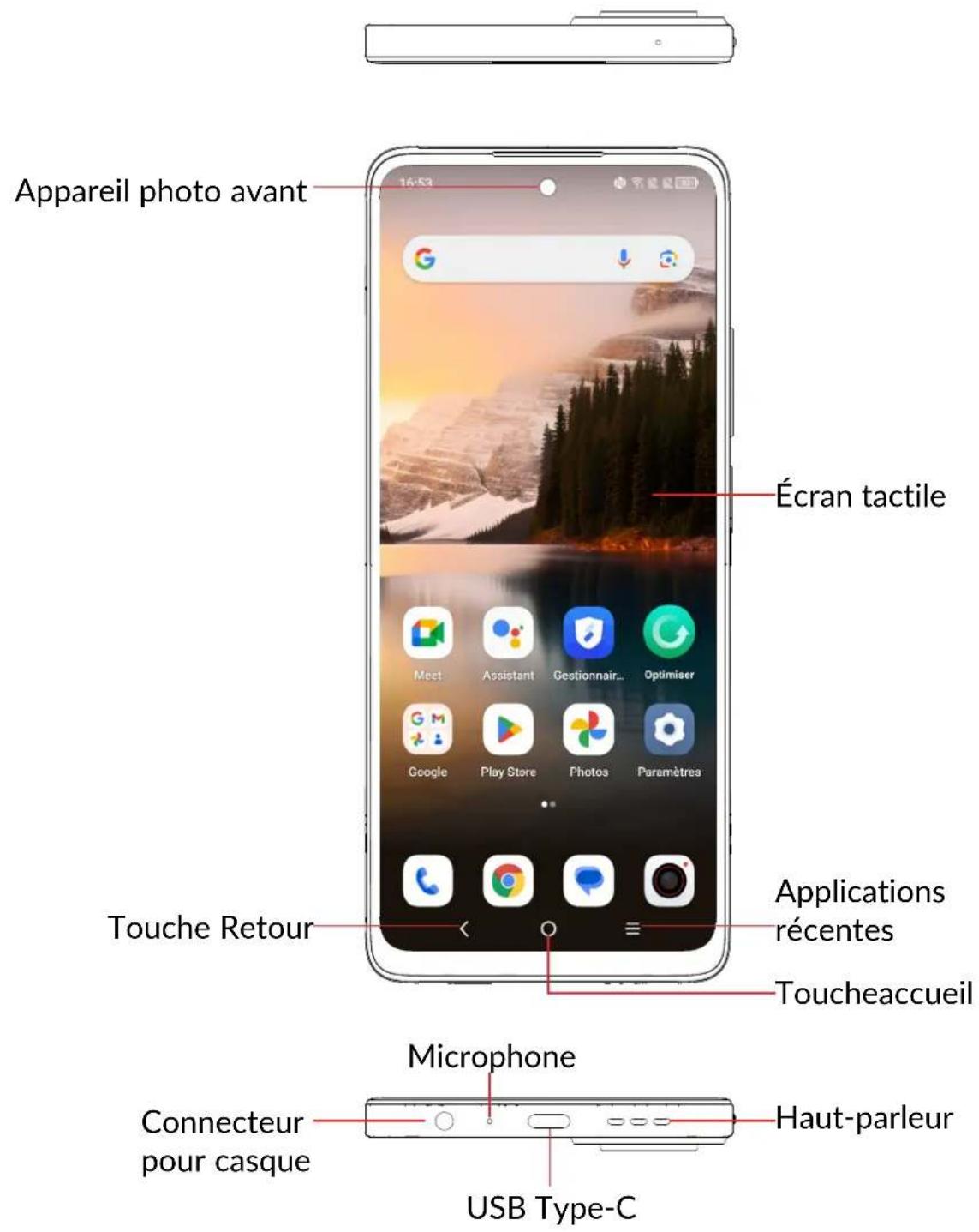 Appareil photo avant Écran tactile Meet Assistant Gestionnaire Optimiser Google Play Store Photos Paramètres Touche Retour Applications récentes Toucheaccueil Microphone Connecteur pour casque Haut-parleur USB Type-C