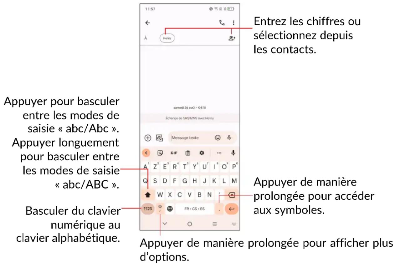 11:57 Entrez les chiffres ou sélectionnez depuis les contacts. samedi 26 août • 04:18 Échange de SMS/MMS avec Henry Message texte Appuyer pour basculer entre les modes de saisie « abc/Abc ». Appuyer longuement pour basculer entre les modes de saisie « abc/ABC ». Basculer du clavier numérique au clavier alphabétique. Appuyer de manière prolongée pour accéder aux symboles. ?123 Appuyer de manière prolongée pour afficher plus d'options.