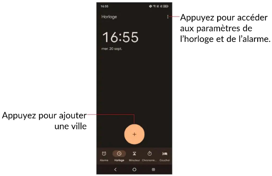 Appuyez pour accéder aux paramètres de l'horloge et de l'alarme. 16:55 mer. 20 sept. Appuyez pour ajouter une ville