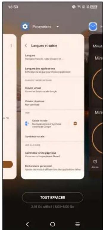 16:53 Paramètres Langues et saisie Langues Français (France), note (Russia) et ... Langues des applications Diffinées la langue pour chaque application Clavier et saisie de saisie Clavier virtuel Glovard et Suisse vocale Google Clavier physique Non-consultant Suisse Suisse vocale Routenciature et synthèise vocales de Google Synthes viscales 408 FLA 90000 Connecteur orthographique Connecteur orthographique Glosard Dictionnaire personnel Aguin de mets à utiliser dans des applications telles TOUT EFFACER 3,35 Go utilisé | 8,00+8,00 Go