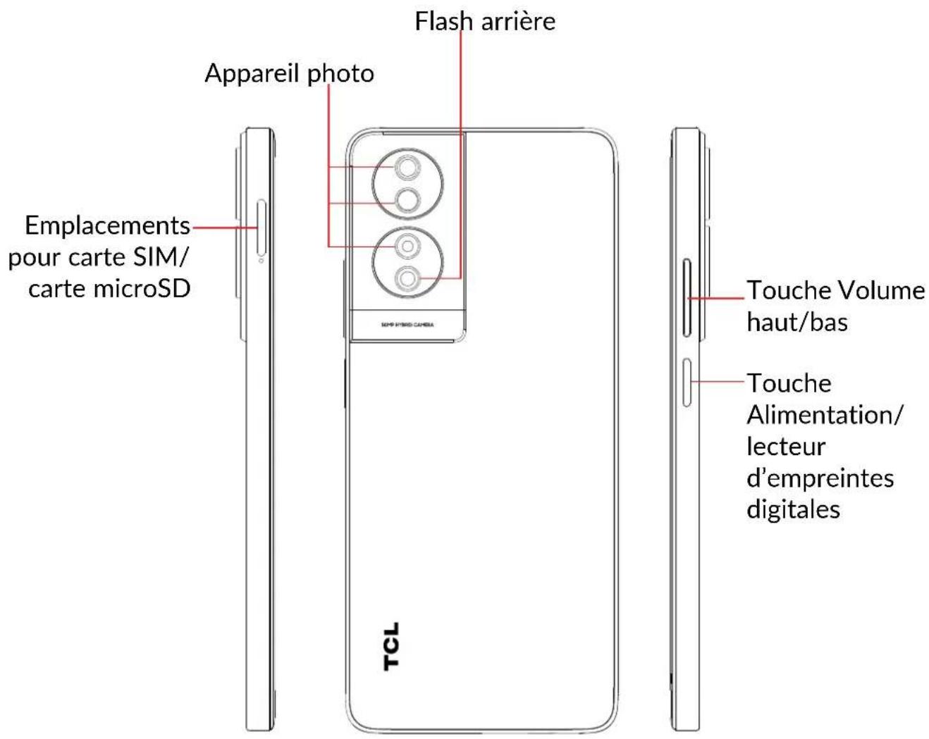 Flash arrière Appareil photo Emplacements pour carte SIM/ carte microSD TCL SIMP WITHM CANCE Touche Volume haut/bas Touche Alimentation/ lecteur d'empreintes digitales