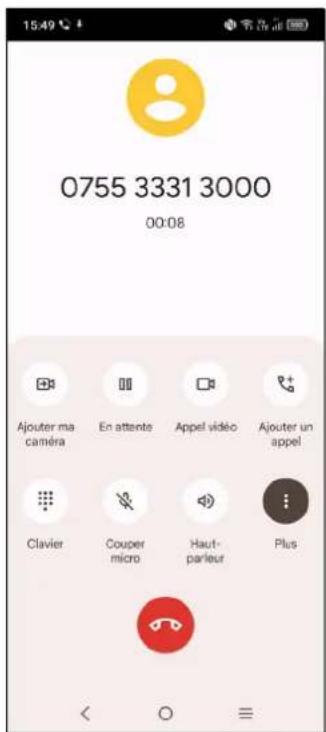 0755 3331 3000 00:08 Ajouter ma caméra En attente Appel vidéo Ajouter un appel Clavier Couper micro Haut-parleur Plus