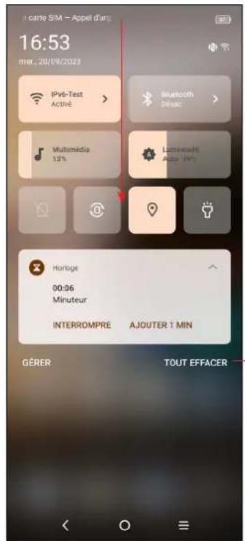carte SIM - Appel d'urg 16:53 mer. 20/09/2023 IPv6-Test Activé > Bluetooth Délase Multimédia 13% Luminosité Auté 14% Horloge 00:06 Minuteur INTERROMPRE AJOUTER 1 MIN GÉRER TOUT EFFACER