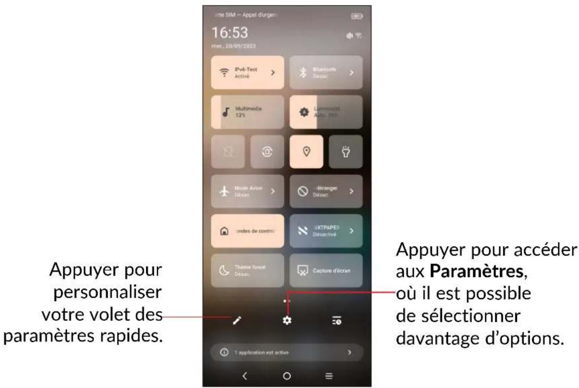 Appuyer pour personnaliser votre volet des paramètres rapides. 1 application est active Appuyer pour accéder aux Paramètres, où il est possible de sélectionner davantage d'options.