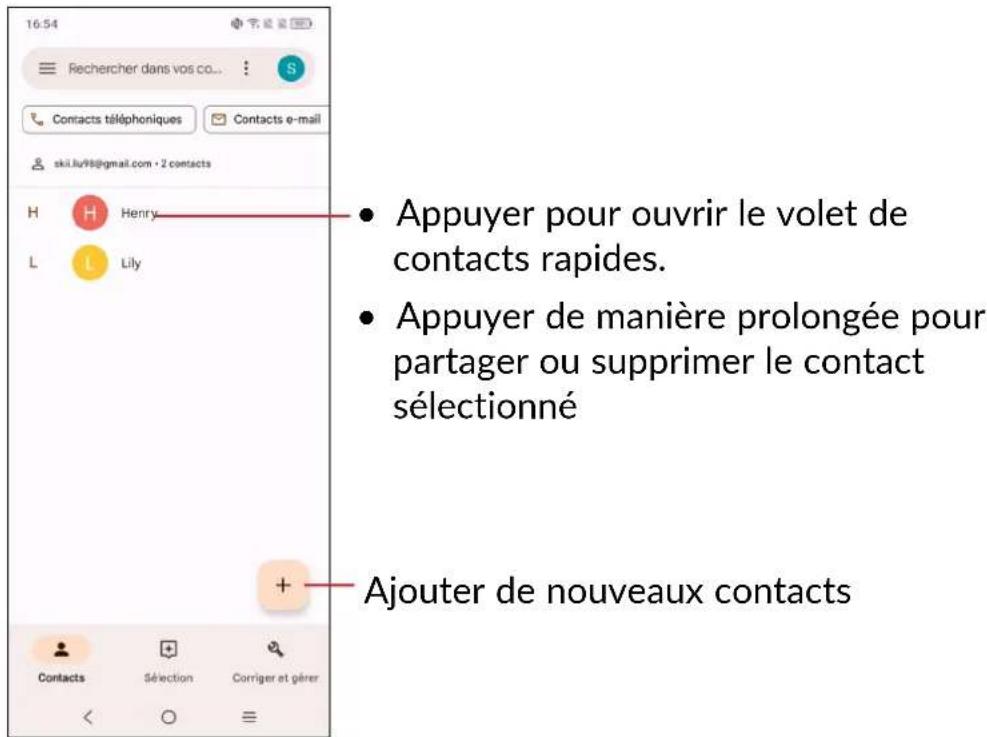 16:54 Rechercher dans vos co... Contacts téléphoniques Contacts e-mail skil.lu/98@gmail.com · 2 contacts H Henry L Lily Appuyer pour ouvrir le volet de contacts rapides. Appuyer de manière prolongée pour partager ou supprimer le contact sélectionné Ajouter de nouveaux contacts Contacts Sélection Corriger et gérer