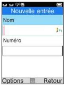 Nouvelle entrée Nom Numéro Options Retour