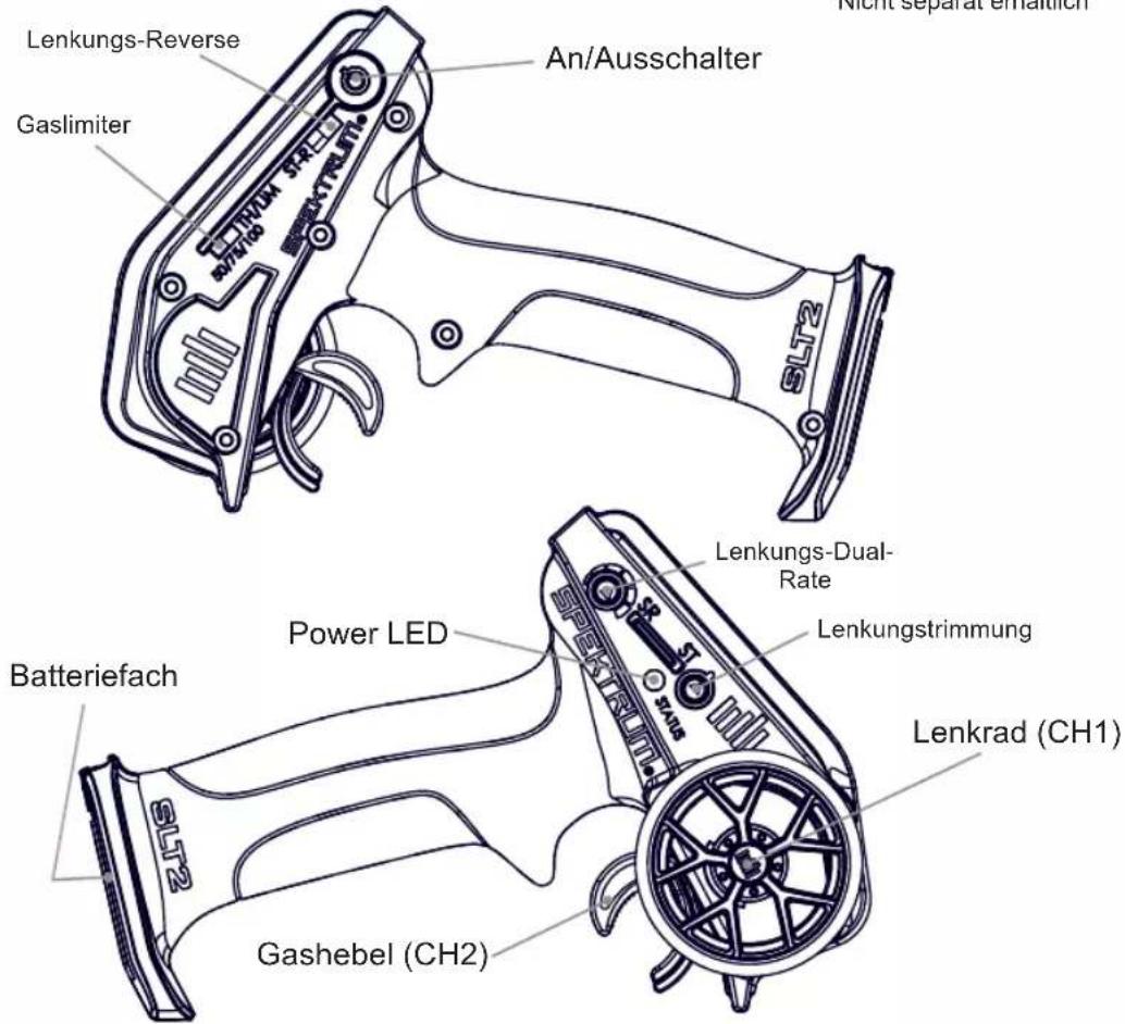 Nicht separat erhaltlich Lenkungs-Reverse An/Ausschalter Gaslimiter SLT2 Batteriefach Power LED GASHEBEL (CH2) Lenkungs-Dual- Rate Lenkungstrimmung Lenkrad (CH1)