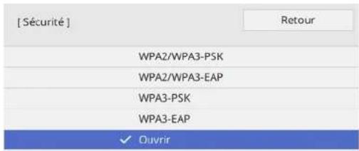 [Sécurité] WPA2/WPA3-PSK WPA2/WPA3-EAP WPA3-PSK WPA3-EAP ✓ Ouvrir