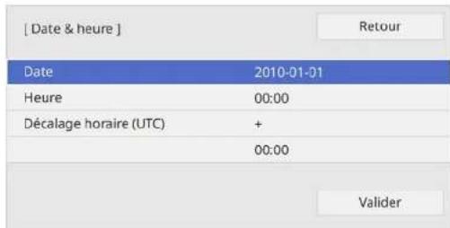 [ Date & heure ] Date 2010-01-01 Heure 00:00 Décalage horaire (UTC) + 00:00 Valider