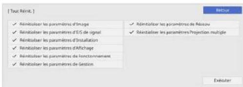 [Tout Reinit.] Réétabliser les paramètres d'image Réétabliser les paramètres d'E/S de signal Réétabliser les paramètres d'Installation Réétabliser les paramètres d'Affichage Réétabliser les paramètres de fonctionnement Réétabliser les paramètres de Gestion Réétabliser les paramètres de Réseau Réétabliser les paramètres Projection multiple Exébuter