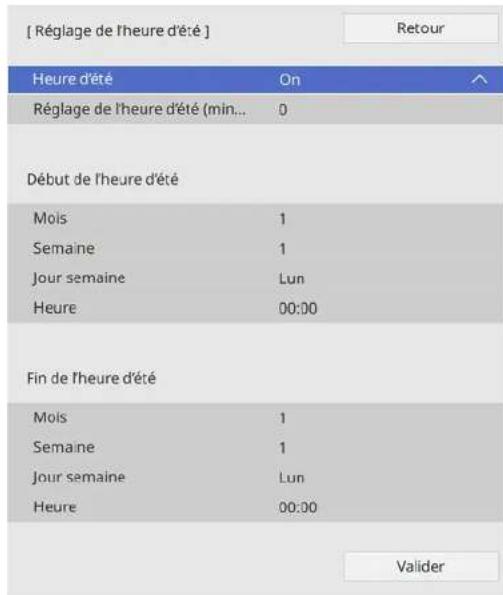[ Réglage de l'heure d'été ] Heure d'été On Réglage de l'heure d'été (min... 0 Début de l'heure d'été Mois 1 Semaine 1 Jour semaine Lun Heure 00:00 Fin de l'heure d'été Mois 1 Semaine 1 Jour semaine Lun Heure 00:00 Valider