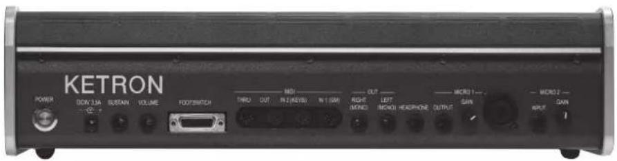 KETRON POWER DCW 1.1A SUSTAIN VOLUME FOOT/SIMPTCH THRU OUT R12 (KEYB) N1 (SM) RIGHT (MOND) LEFT (MOND) HEADPHONE OUTPUT GAIN MICRO 1 MICRO 2 INPUT GAIN