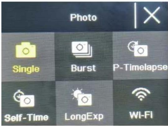 Photo Single Burst P-Timelapse Self-Time LongExp Wi-Fi