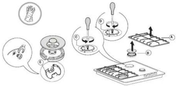Diagram illustrating a robotic arm tool with labeled parts and directional arrows, showing progressive assembly from hand to battery.