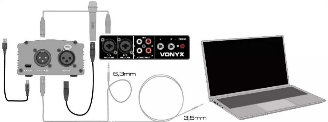 DCDV OUTPUT INPUT 1/L MIC/LINE 2/2 MIC/LINE 3/2 L R STREO INPUT VONYX 6,3mm 3,5mm
